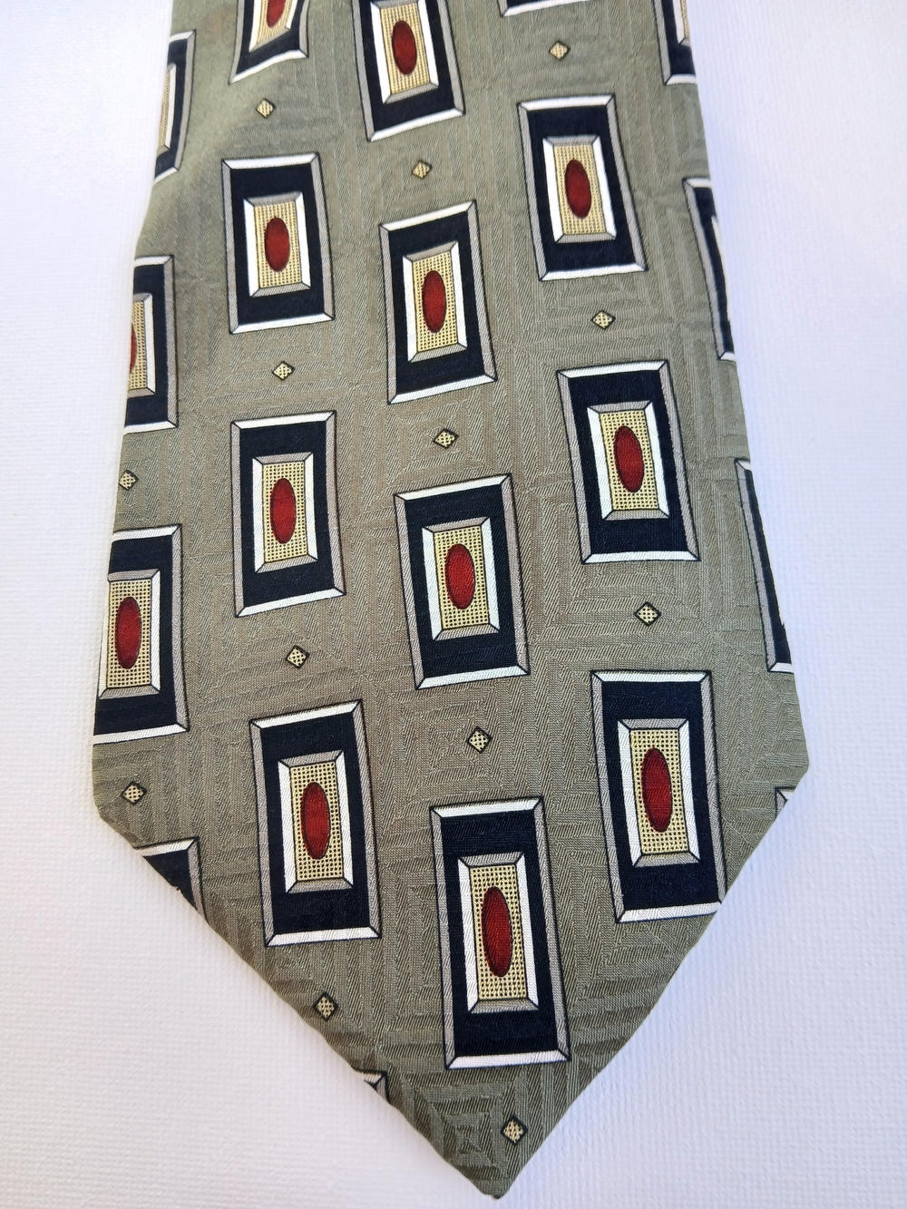 Olive Green Geometric Men's Silk Tie with Navy and Red Accents